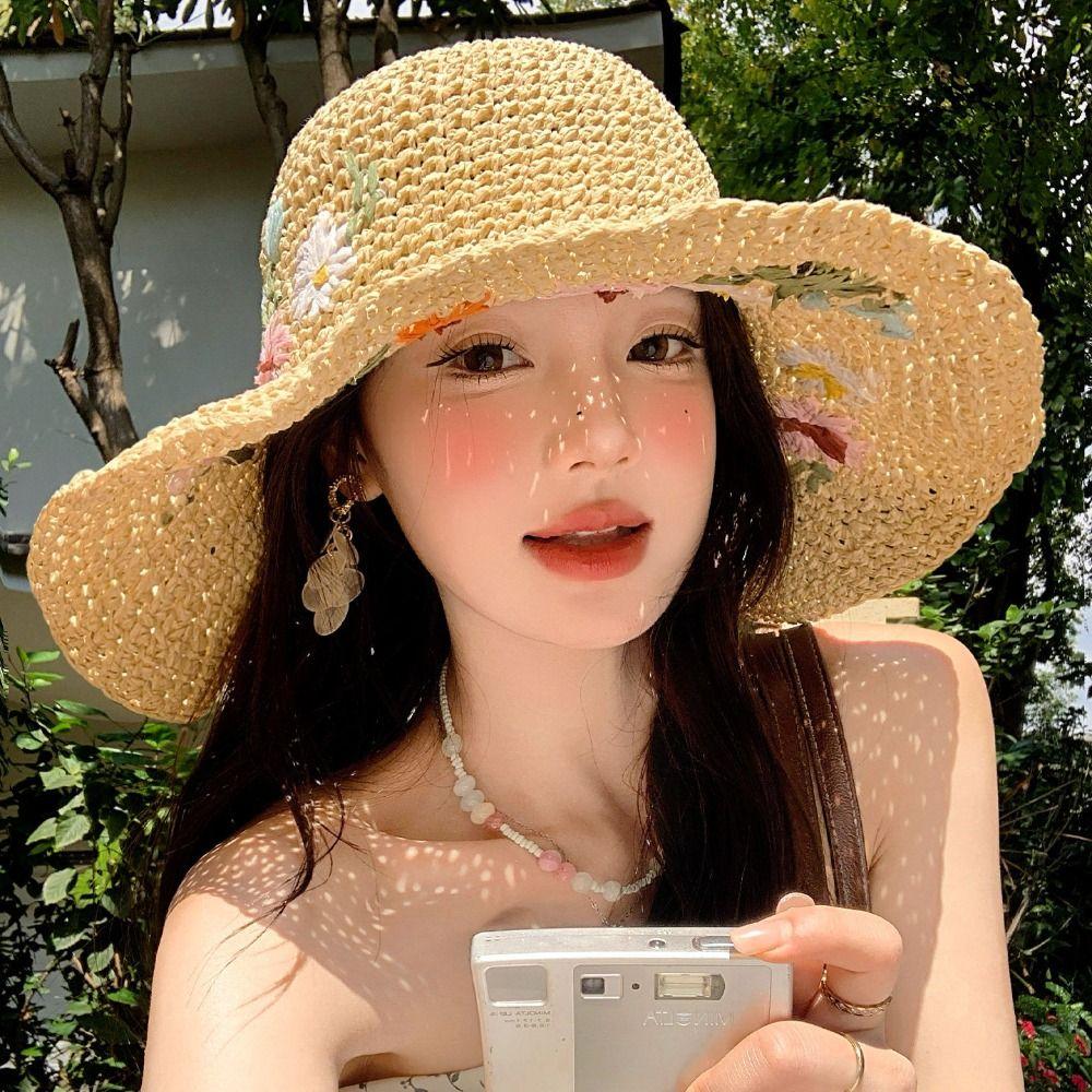 Embroidered Flower Flower Straw Hat Boho UV Protection Cap Sweet Women's Sun Hats  Travel
