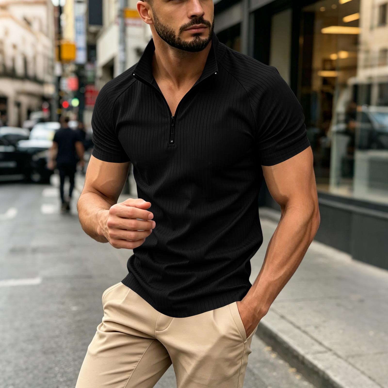 Men s Short Sleeve Ribbed Zip Collar Casual Top Comfortable Stretch Fabric Lightweight Pullover Shirt for Daily Wear L чёрный