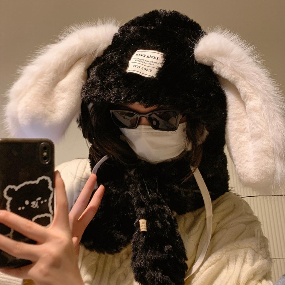 Warm Lop Ear Rabbit Hat Cute Plush Bunny Scarf Cartoon   Ski чёрный