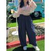 Women Casual High Waist Elastic Pleated Wide Leg Beach Cropped Trousers
