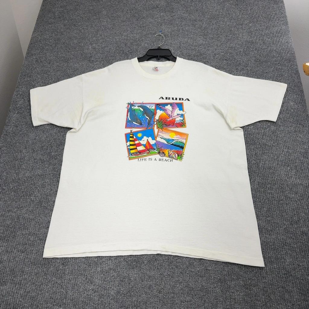Vintage Aruba T-shirt Herr 3XL Vit Bomull Grafisk Strand Surf Fruit of the Loom