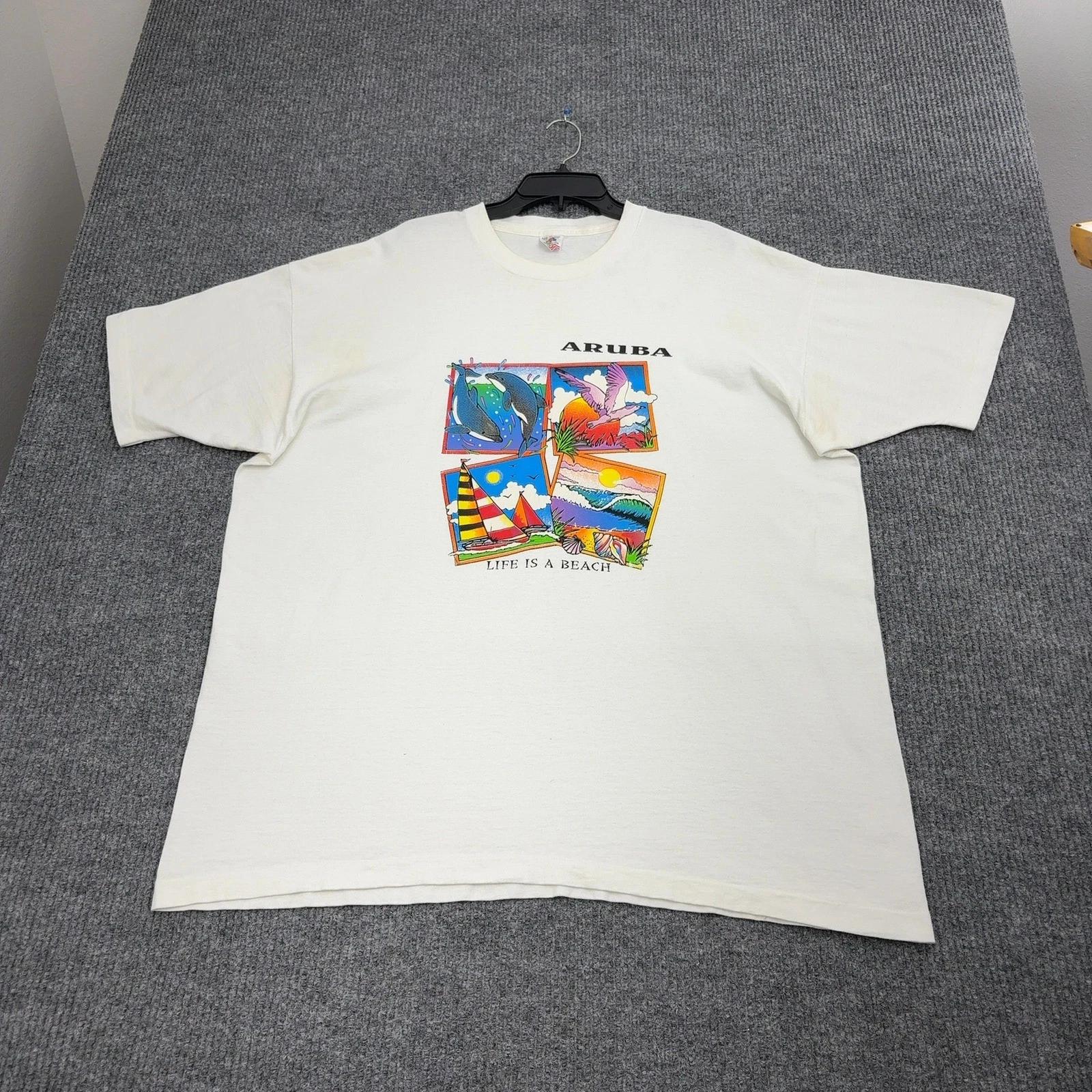 Vintage Aruba T Shirt Mens 3XL White Cotton Graphic Beach Surf Fruit of the Loom S