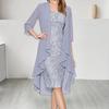 2 Pcs/Set Women Cardigan Dress Set Lace Floral Embroidery O Neck Slim Fit Midi Dress Irregular Three Quarter Sleeve Mid