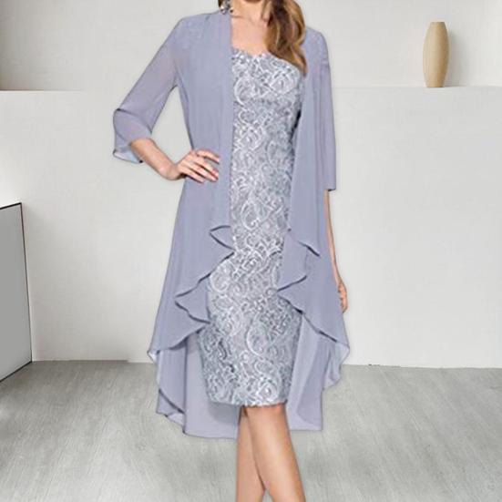 2 Pcs/Set Women Cardigan Dress Set Lace Floral Embroidery O Neck Slim Fit Midi Dress Irregular Three Quarter Sleeve Mid