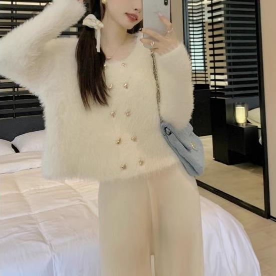 Imitation Mink Fleece Sweater Jacket Women's Spring and Autumn New High-end Short Small Fragrant Knitted Cardigan Top Trendy