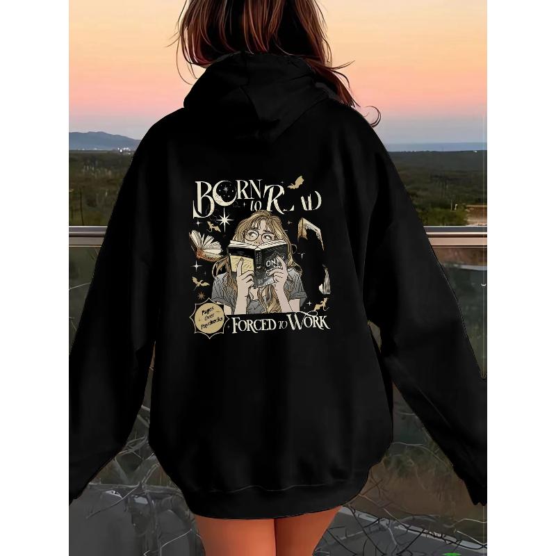 Polyester Trendy Graphic Hoodie Fleece Lined Elastic Cuff Drawstring Fall Winter Streetwear Top S