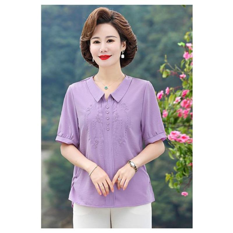 New Summer Embroidered Three-quarter Sleeve Shirt Middle-aged Mothers T-shirts, Fashionable and Light Tops