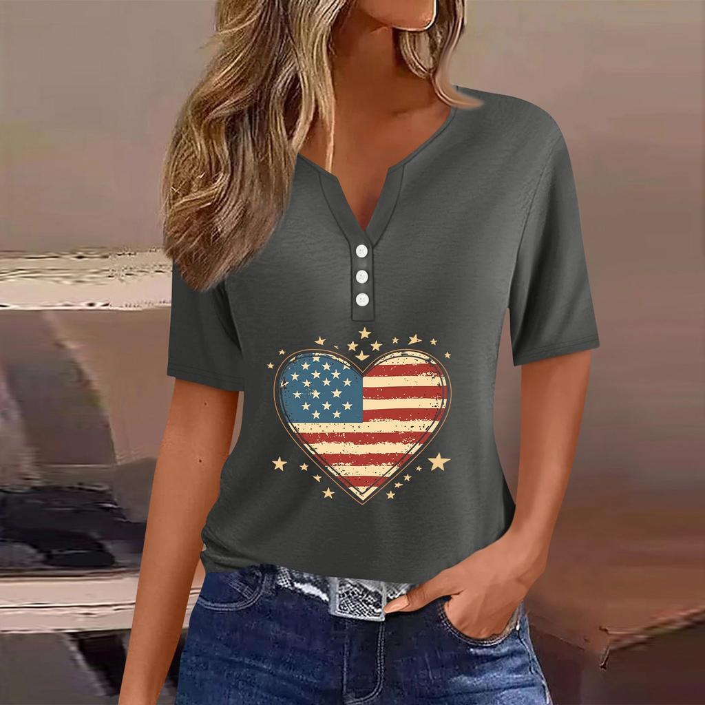 Women's T Shirt Tee Independence Day Print Button Short Sleeve Daily Weekend Fashion Basic V-Neck Regular Top