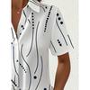 Women's Summer Striped Polka Dot Print Short Sleeve Button-Up Shirt - Elegant Lapel Collar, White Base with Blue and Black Patterns Shirt