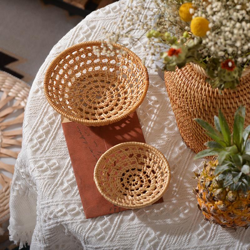 HeMu Handmade Rattan Woven Hollow Towel Tray Candy Snack Nut Melon Seed Plate Fruit Cake Storage Basket Kitchen Storage Basket