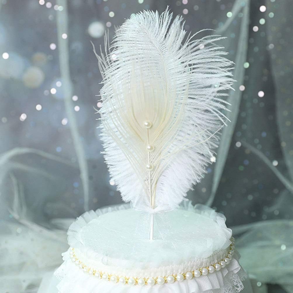 2pcs Plumage Cake Topper with Pearl Romantic Aesthetic Ostrich Plumage Feathered Cake Decorartion for Birthday Wedding