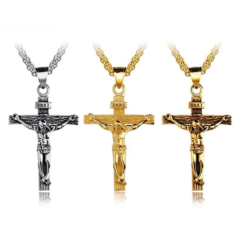 Bijoux Crucifix jésus Christ pour hommes et femmes, couleur or marron argent, pendentif croix en métal avec chaîne de cou, colliers pour hommes et femmes