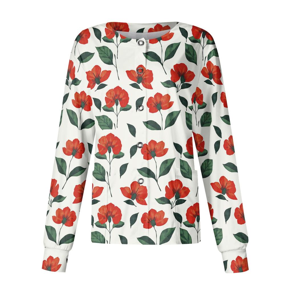 Women's Casual Long Sleeve Single Breasted Floral Print Medical Scrub Cardigan Top Comfortable Fit Lightweight Fabric Suitable for Work