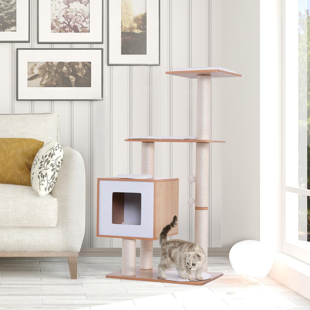 Cat Scratching Post Height 120cm with Kennel, Platforms and Sisal Toys, MDF 71.5x49.5x120cm Wood, White