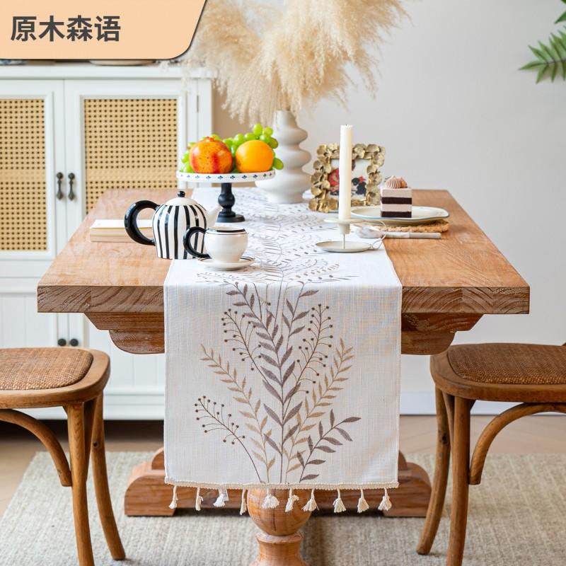 Minimalist Linen Cotton Embroidered Table Runner With Tassels Dining Decor Rustic Floral