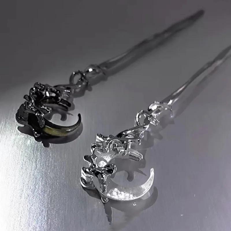 2025 New Black Crystal Moon Hair Stick For Women Vintage Chinese Style Chopstick Shaped Hairpin Headdress Hair Accessories