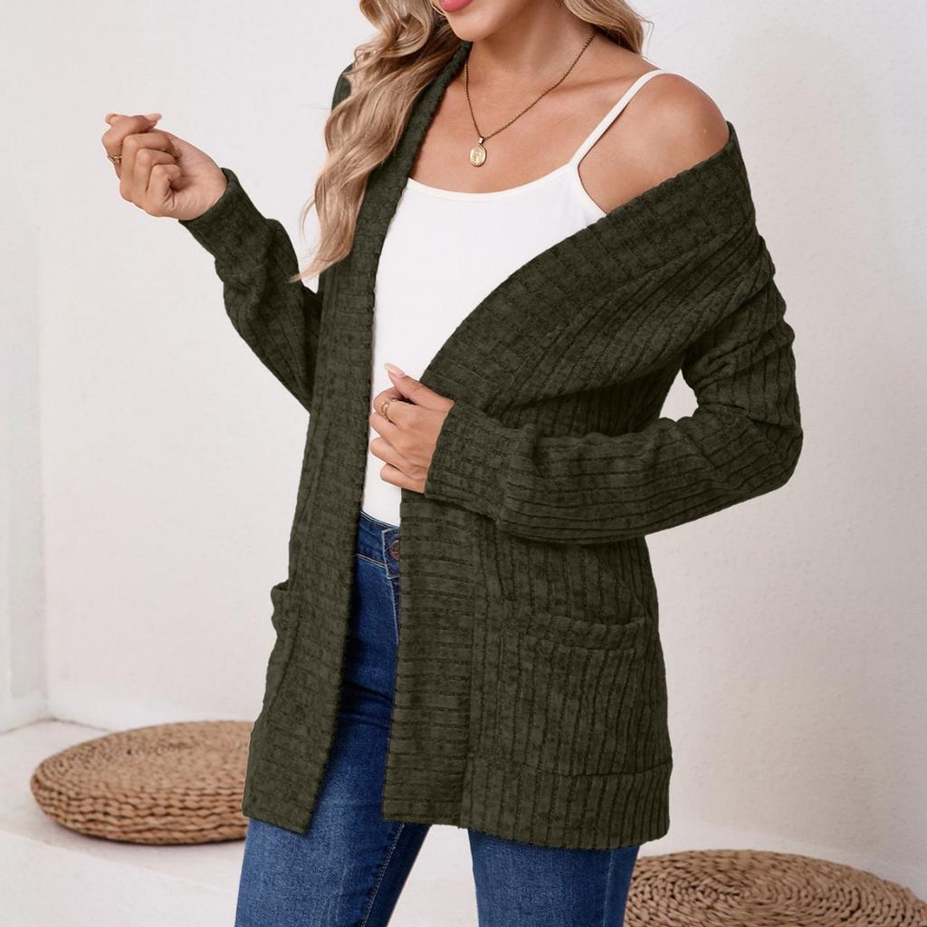 Women Ladies Solid Color Long Sleeve Length Cardigan Sweater Coat Top