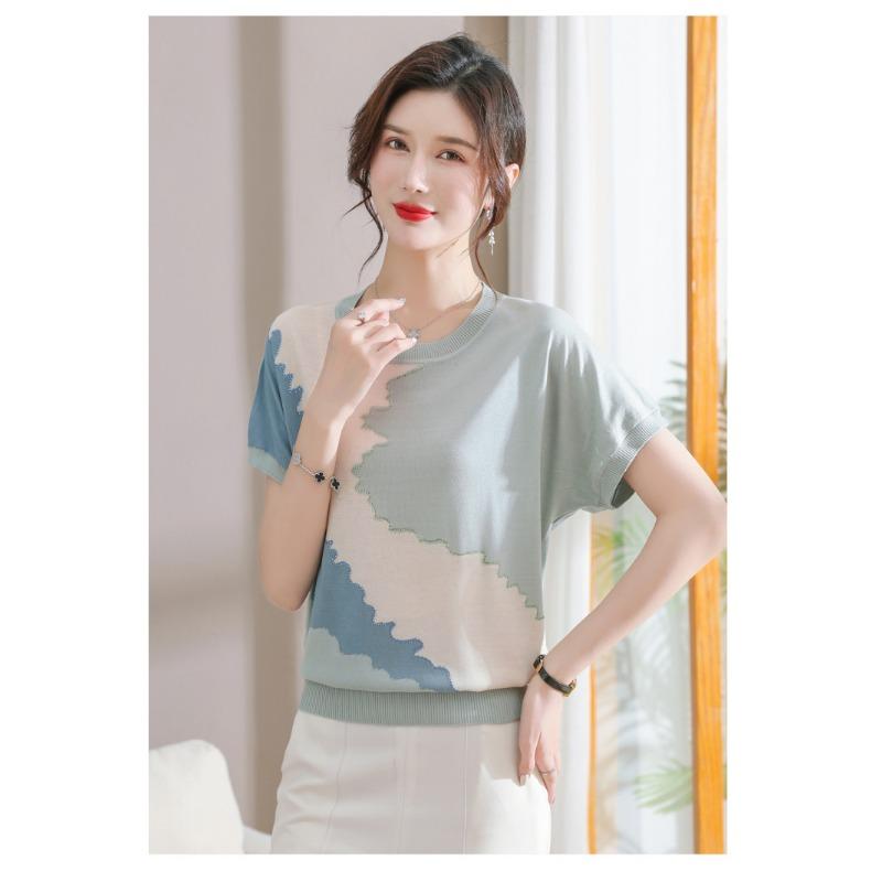 Women Summer New Ice Silk Round Neck Short Sleeve T Shirt Elegant Loose Thin Knit Top