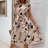 Printed round Neck Lace up Casual Dress Print round Neck Tied Dress
