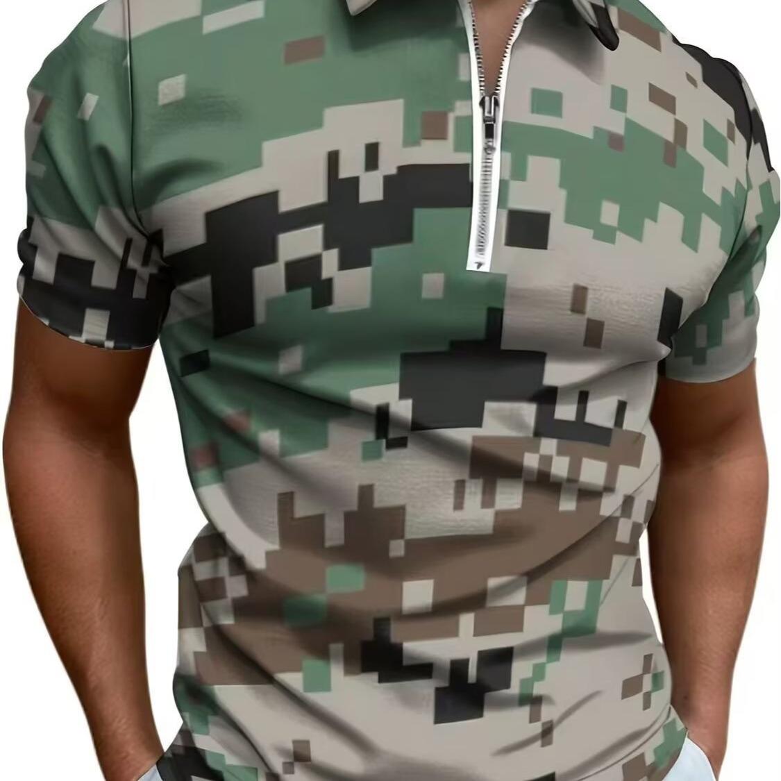 

Summer Men s Short-sleeved T-shirt Lapel Half Zipper Fashionable Simple Ice Silk Durable Camouflage POLO Shirt M