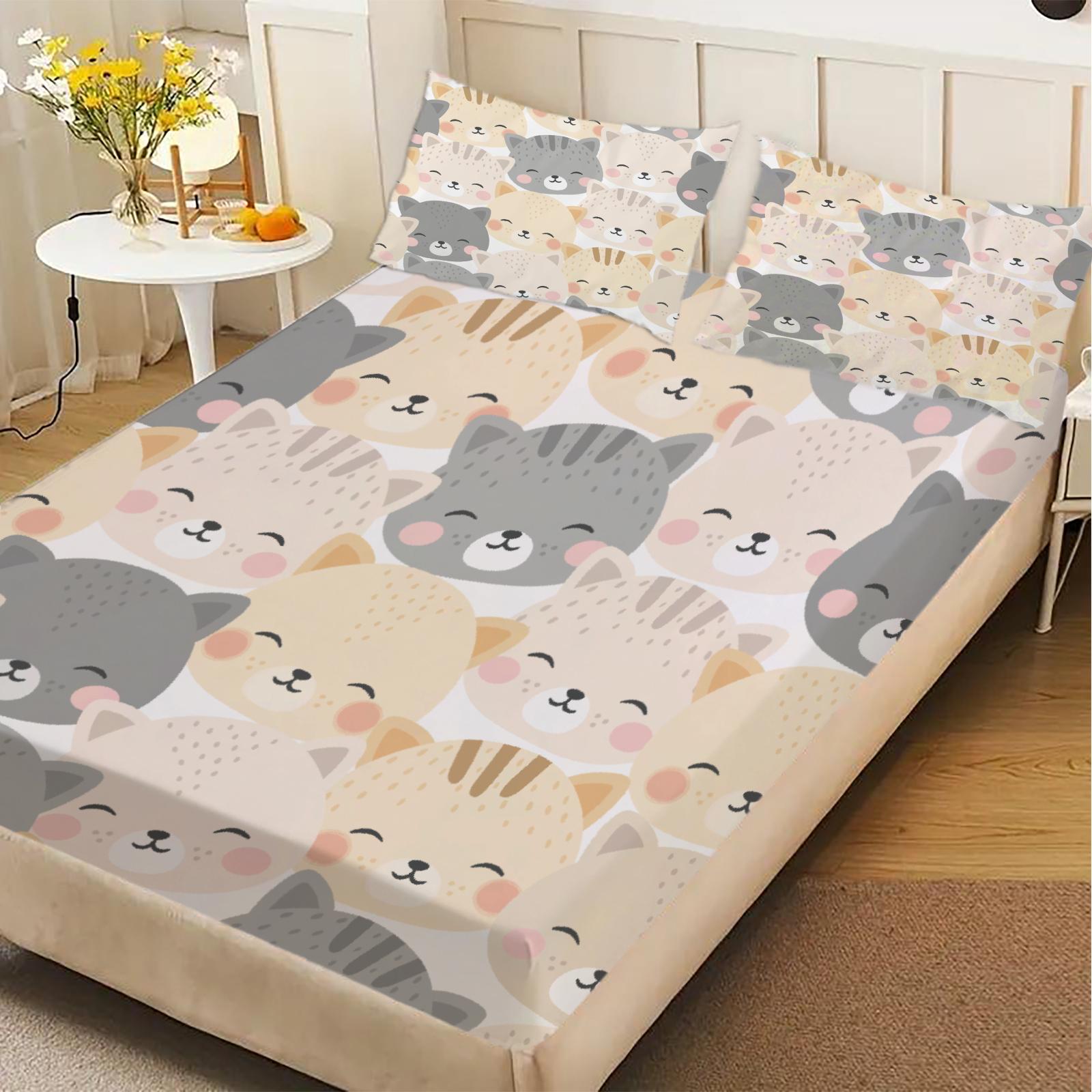 

3pcs Fitted Sheet Set Cute Cat Faces Pattern Print Bed Sheet Anti-Slip Easy Care With Pillowcases For Bedroom Decor 150x200x25cm