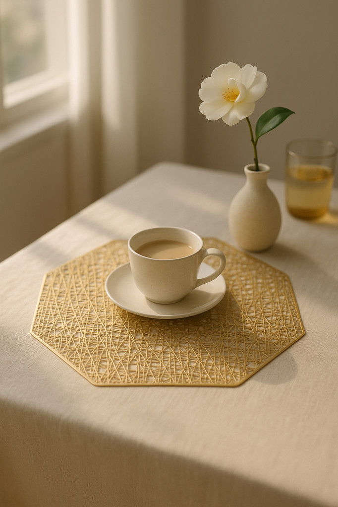 Goldener Sechseck Tischset PVC Platzset Hohl Isolieruntersetzer Tisch Schüssel Zuhause Weihnachten Hitzebeständig Moderner Stil Dekor