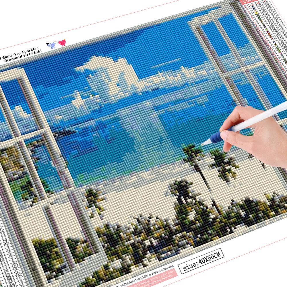 5D DIY Full Square Drill Diamond Painting Scenery Sea Beach Window Outside 3d Mosaic Diamant