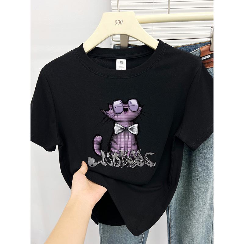 

2024 High-End Cat Print Women s Petite Short Sleeve Top S чорний