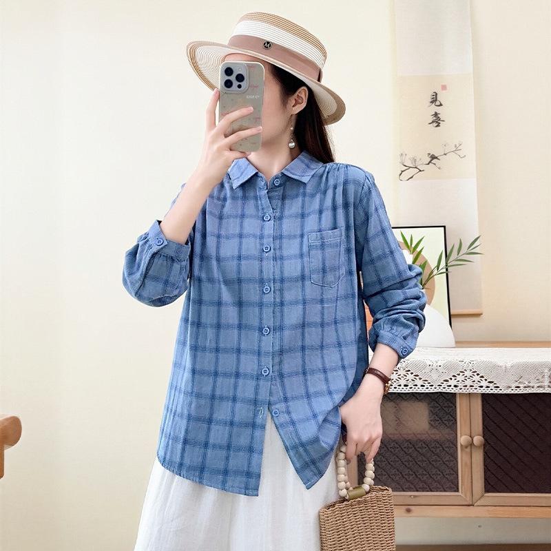New Retro Literary Double-layer Cotton Yarn Plaid Shirt Japanese Casual Style Loose and Thin Pure Cotton Long-sleeved Shirt Women