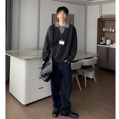 Old Qian Men's V-Neck Two-Piece Knit Polo Sweater - Autumn/Winter Relaxed Style