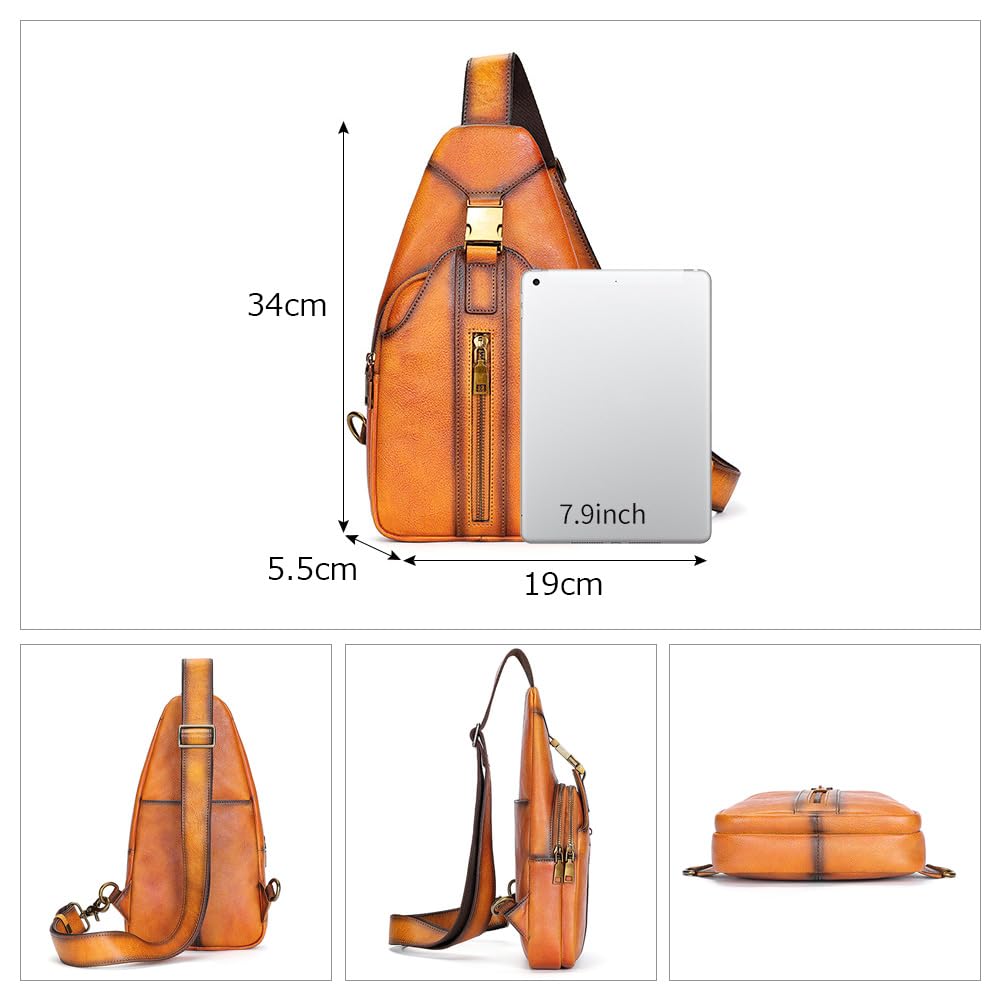 Whatna Antique-Style Tanned Natural Cowhide Leather One-Shoulder Bag for Men, 3-Way, Crossbody, Mini Body Bag, Chest Bag, Genuine Leather, Thick,