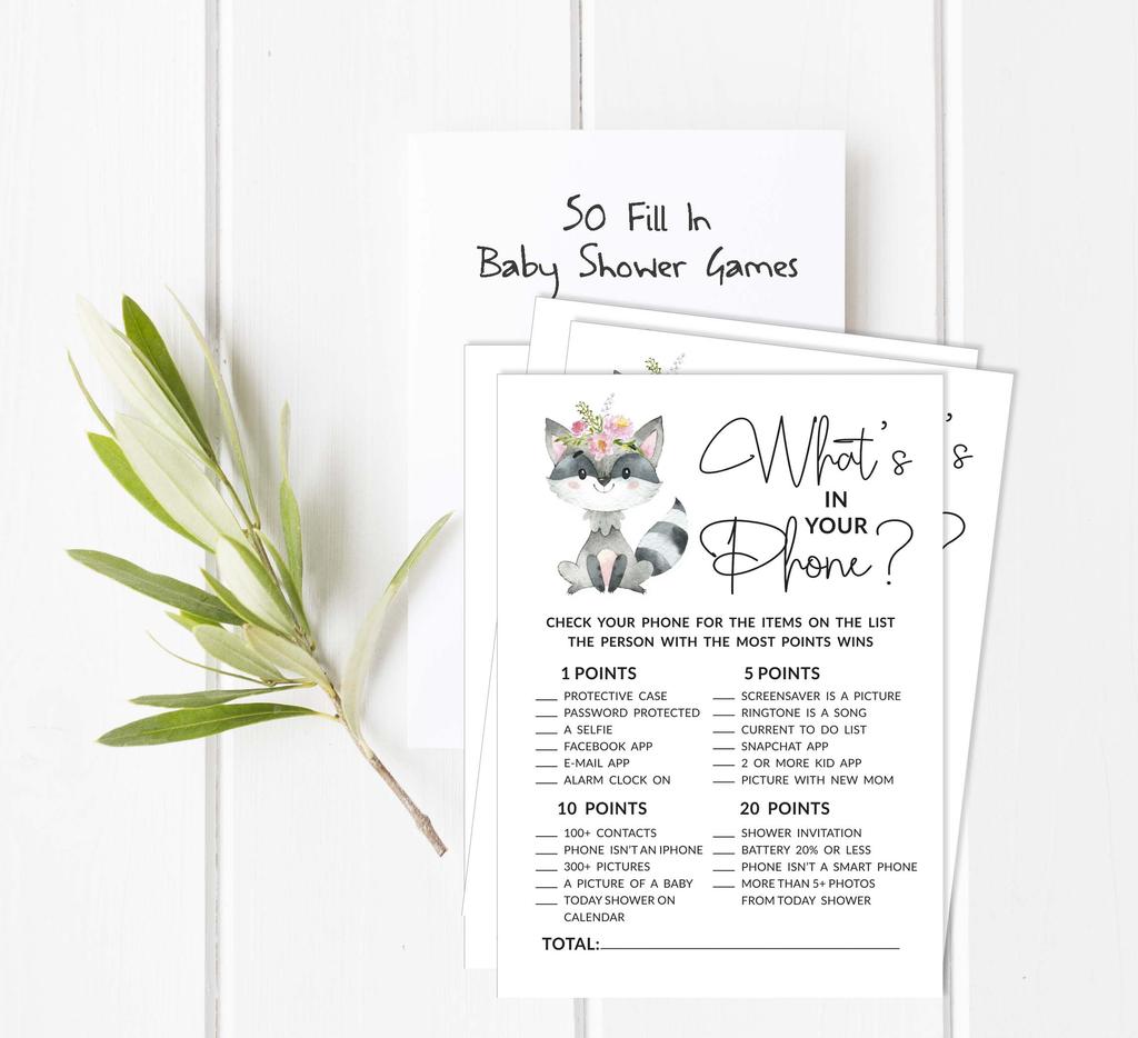 Inkdotpot Floral Raccoon Baby Shower Game Set Of 50 BabyA  AlphabetA  ABCA  Game Gender Neutral Party