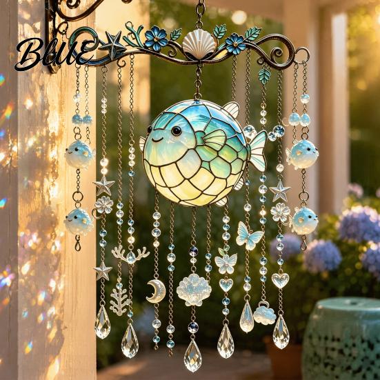 Coastal Balcony Decoration Ocean-Themed Crystal Wind Chime Stained Acrylic Jellyfish Seahorse Pufferfish Hanging Suncatcher Marine Ornaments