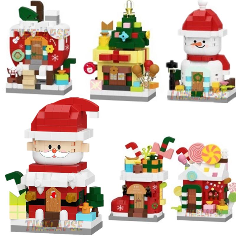 DIY Christmas Santa Snowman Claus Socks Eve Architecture Store Street View Xmas Tree Snow House Building Blocks Kit Toy