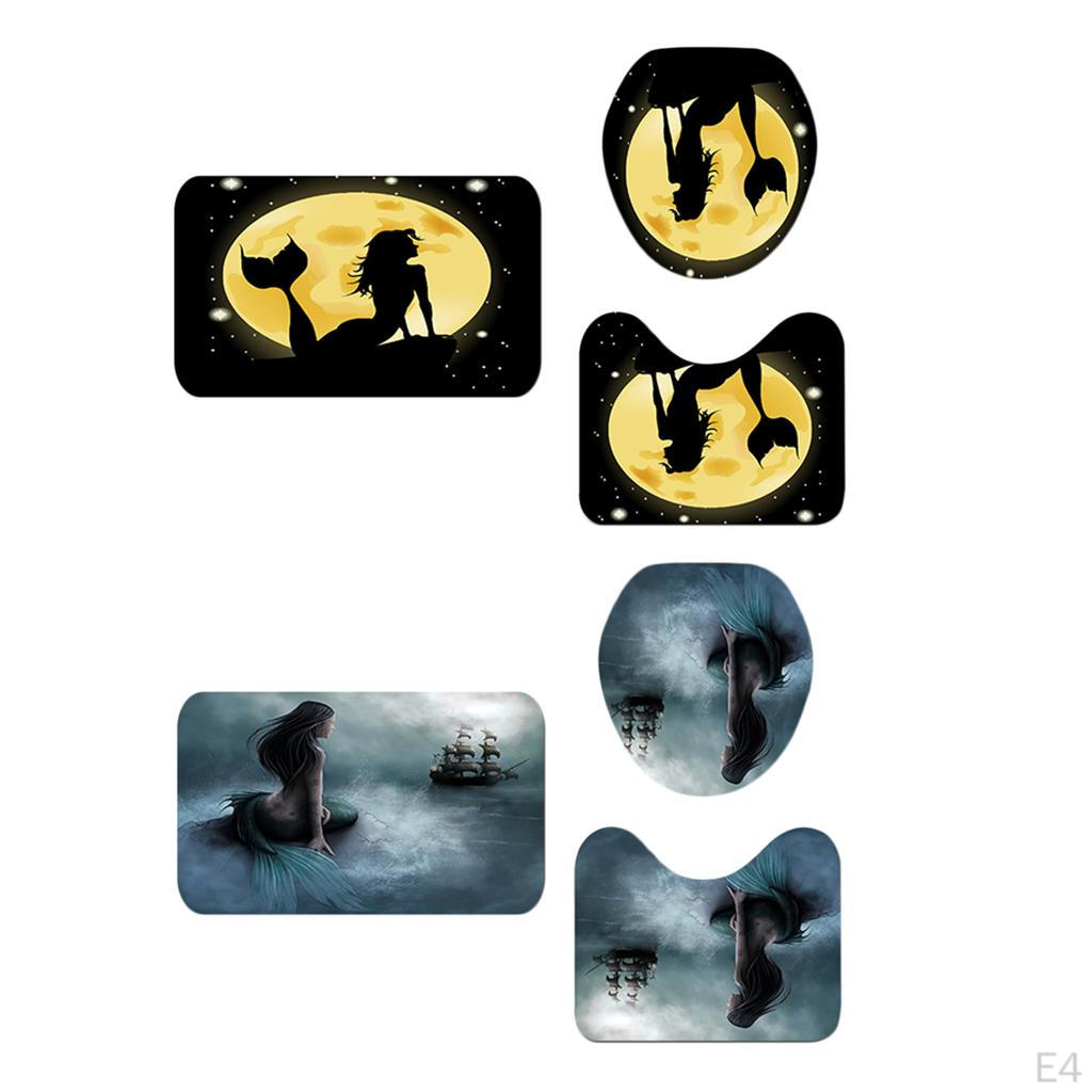 3 Pcs Bath Rug Set Shower Ensemble Mermaid Theme Toilet Lid Cover