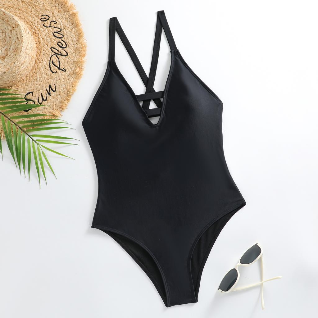 One Piece Swimsuit Women Swimwear 2024 New Solid Black High Cut Monokini Sexy V-neck Bathing Suit Swimming Female Beach Wear XL