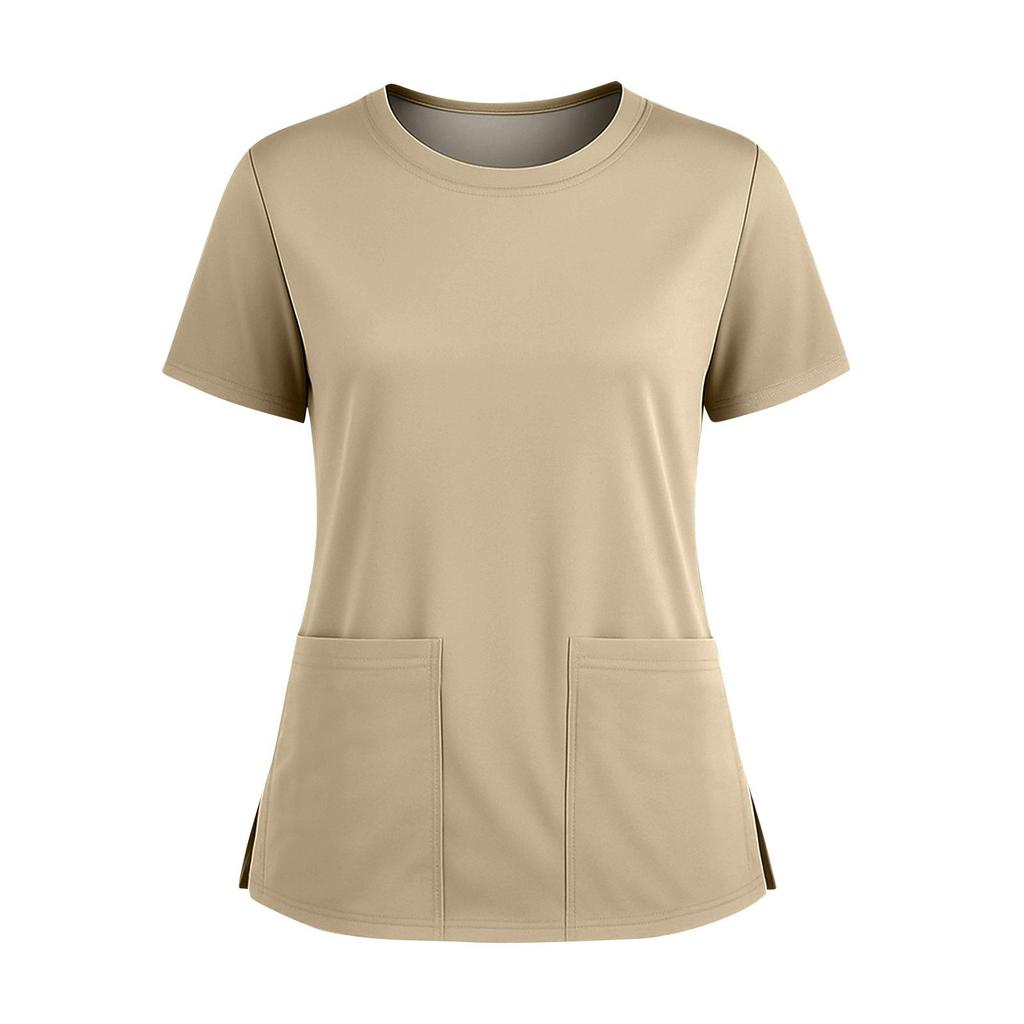 Dámská módní barevná kulatý výstřih kapsa krátký rukáv košile s rozparkem spodní lem uniforma a pracovní top