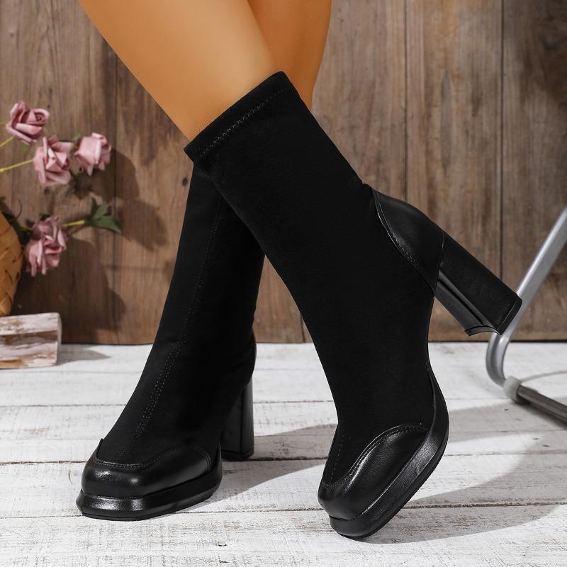 Botines de otoño, nueva colección, punta cuadrada, ante con inserciones, transpirables, con plataforma, antideslizantes, resistentes al desgaste, con tacón elástico.