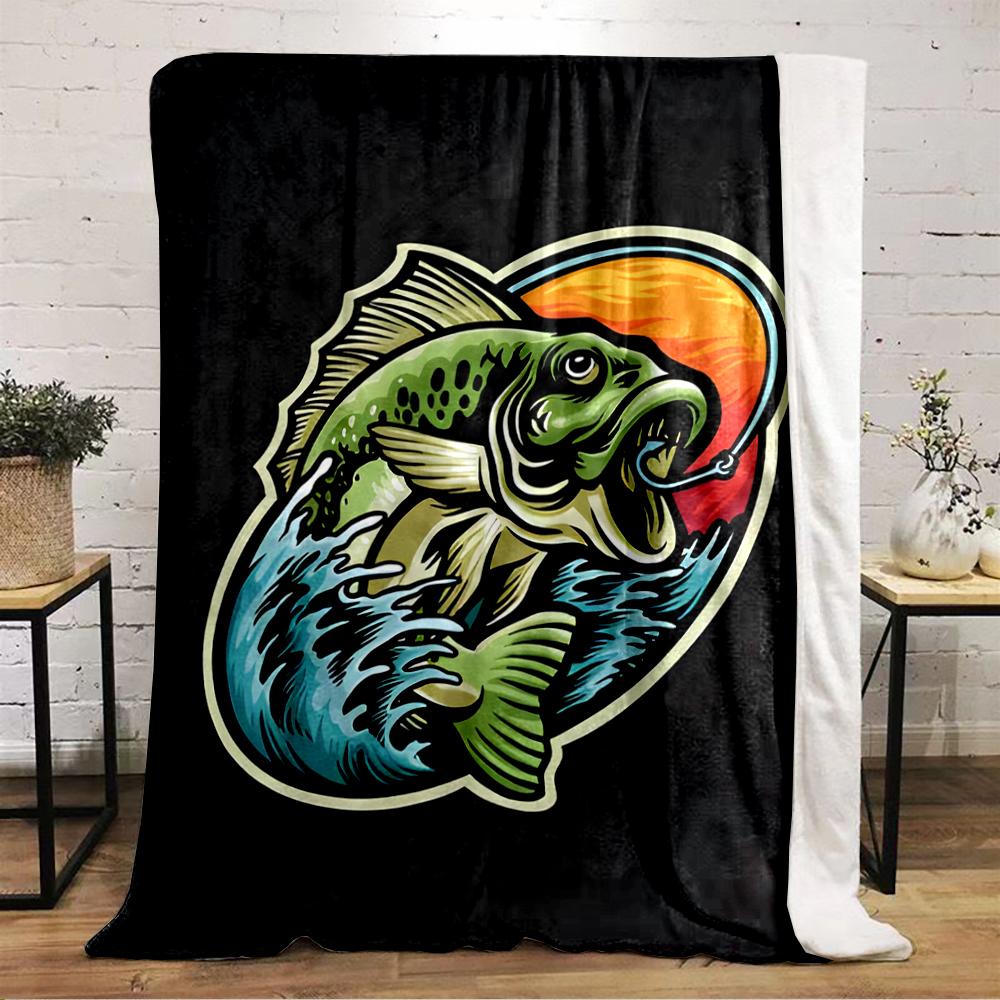 Jumping Bass Fish Art with Sunset Background Flannel blanket for bedroom, living room, sofa, and nap sofas