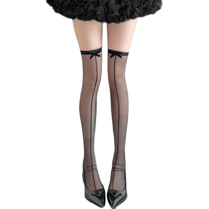 1 Pair Silk Thigh High Stockings with Bows Accent for Women Seamed Thin Sheer Over Knee Long Socks See Through Lingerie