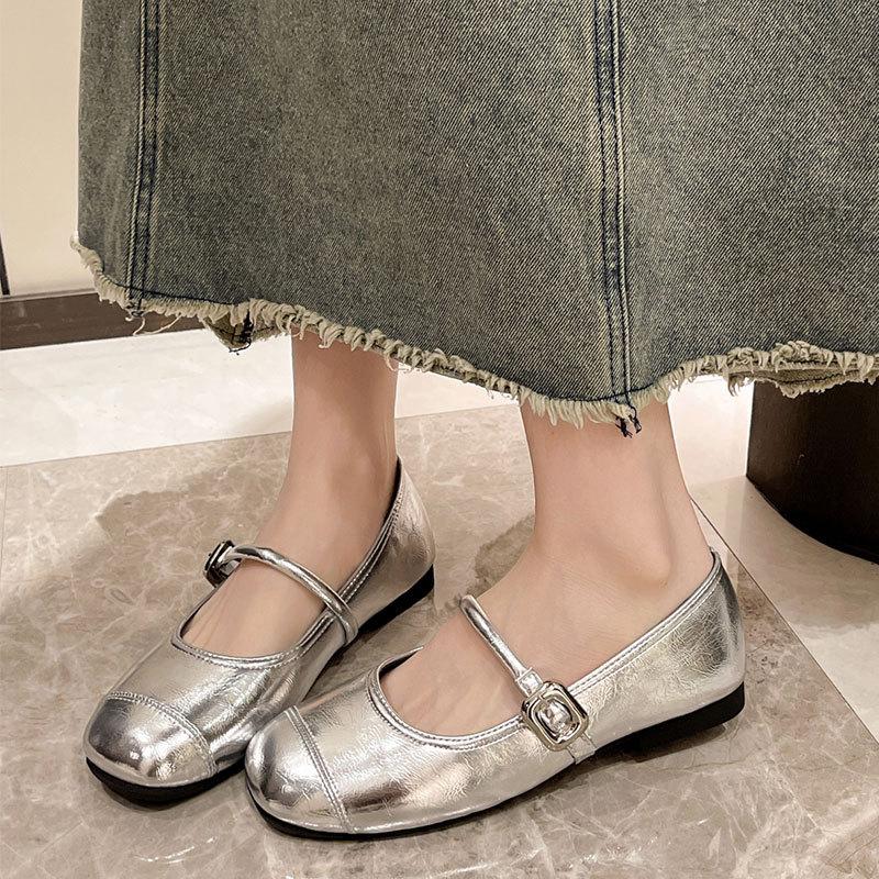 French with skirt Mary Jane shoes women's shoes 2025 spring and summer new Korean version flat Doudou shoes silver small leather shoes