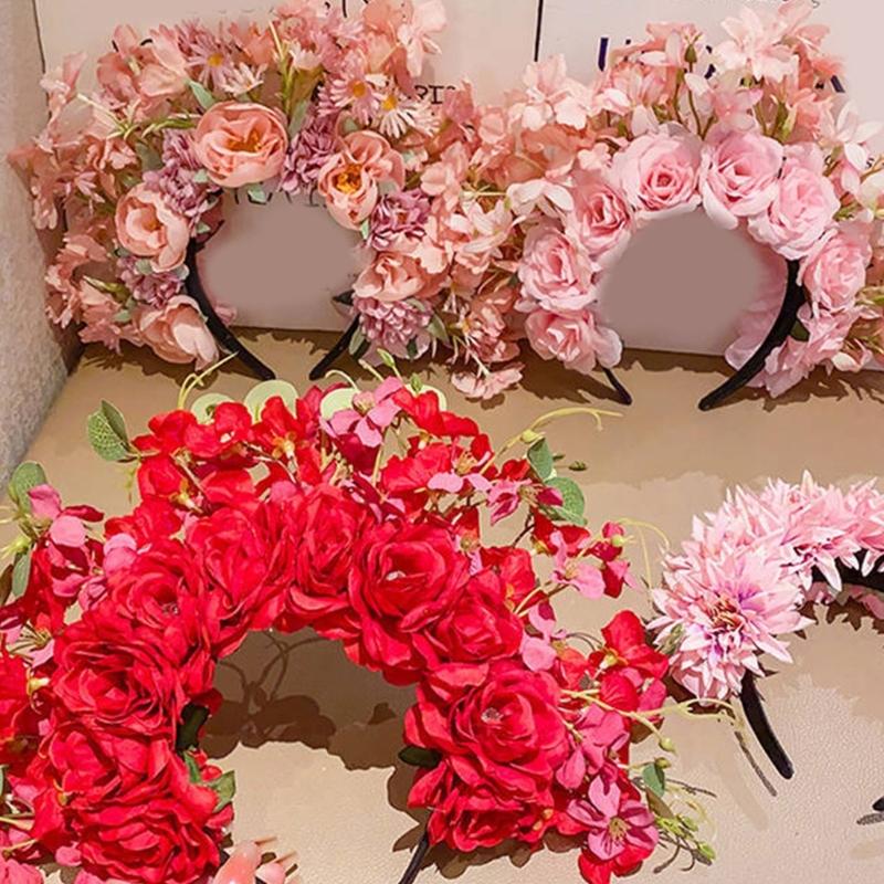 Colorful Flower Headband Double-sided Crown Hair Wreath Wedding Party Costume Headpiece for Bridal Women Hair Accessory