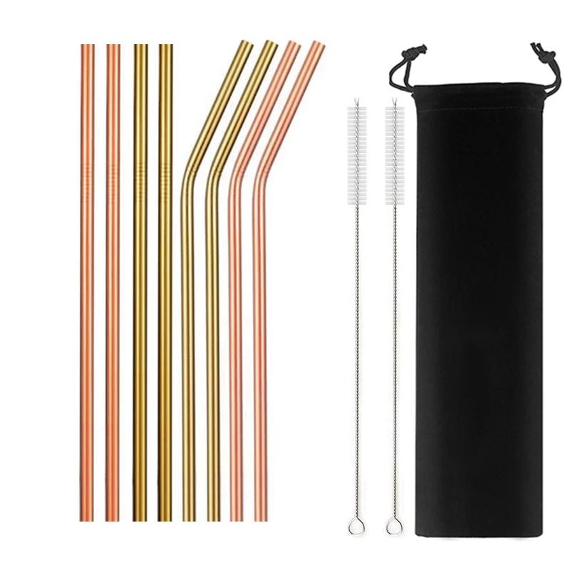 8 Pcs Metal Reusable 304 Stainless Steel Straws Straight Bent Drinking Straw with Bag Cleaning Brush Set Party Bar Accessory