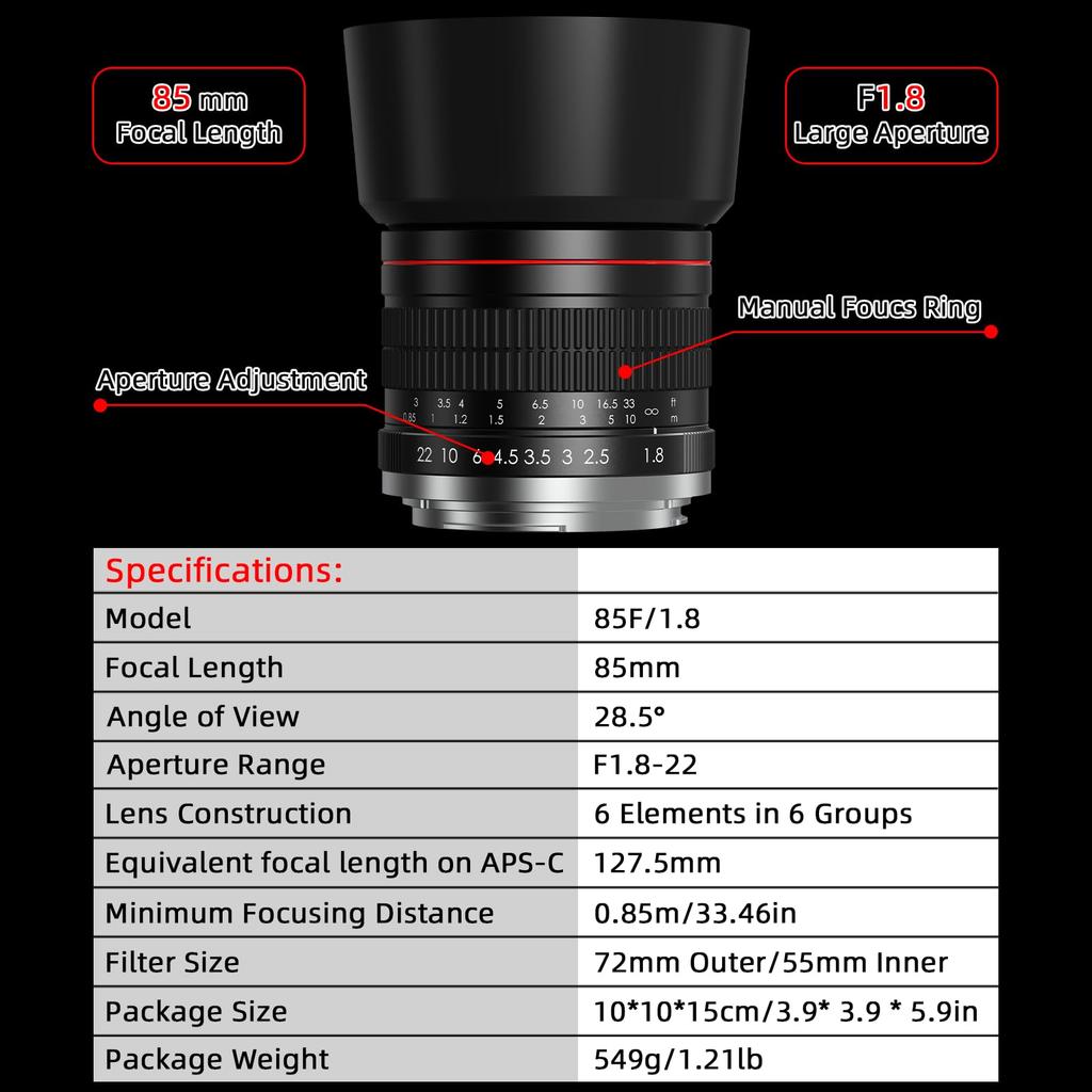 lightdow 85mm mittleres Teleobjektiv Kompatibel Canon Manueller Fokus Porträtobjektiv für Canon EOS R5 R6 Mark R100 Spiegellose Kameras F1.8 RF-Bajonett