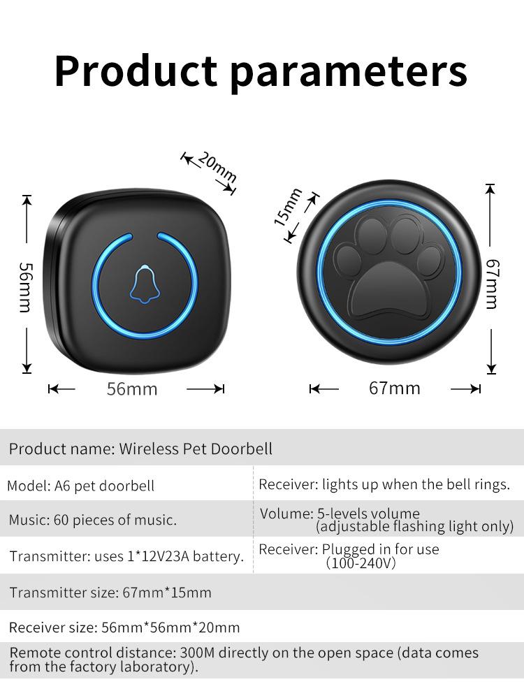 Wireless Dog Doorbell with 60 Melodies, 5 Volume Levels, 2 Waterproof Buttons, and 1 Plug-in Receiver for Training and Communication.
