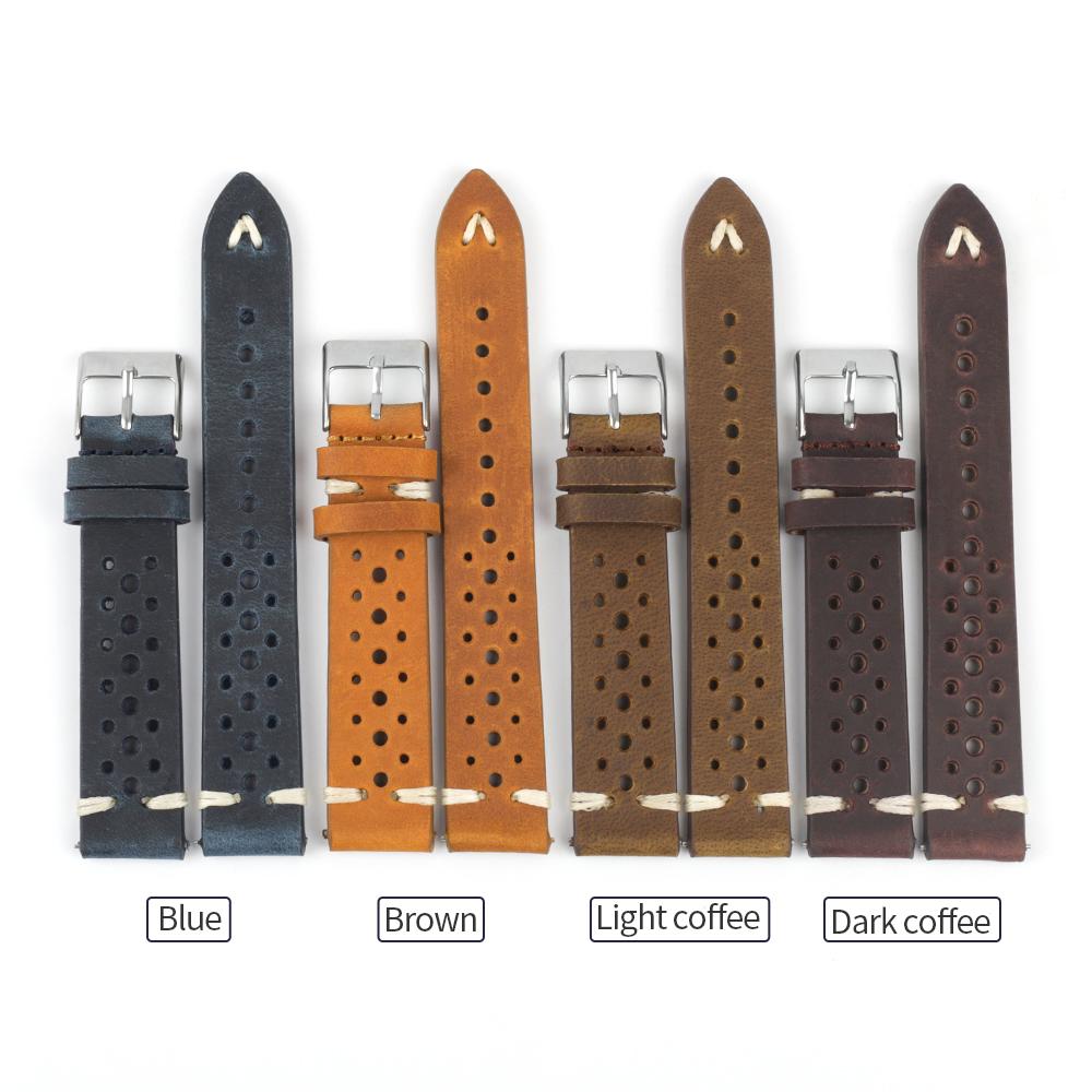 Retro Crazy Horse Leather Strap 17mm 18mm 19mm 21mm 22mm Cowhide Hand Stitching Watchband Porous Breathable Bracelet Accessories