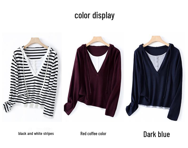 Korean Wool-Blended Color-Block Hooded Sweater - Women's Long-Sleeve Two-Piece Knit for Autumn and Winter