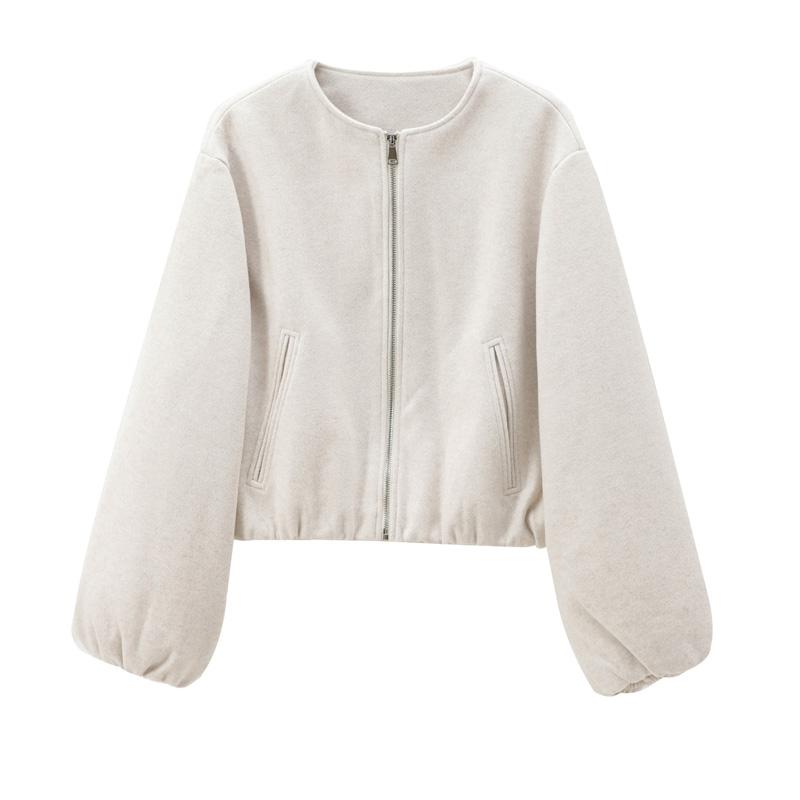 Oberbekleidung Cropped Bomberjacke Damen Herbst Langarm Kunstwolle Mäntel für Damen Winter Reißverschluss Grau Beige Kurzmäntel