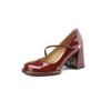 Vintage Mary Jane Shoes Women's 2024 Spring New Burgundy Patent Leather Round Head High Heels Thick Heel Light Mouth Sweet Single Shoes