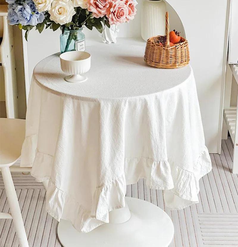 100% Cotton Round Table Cloth Washable Vintage Ruffle Tablecloth For Wedding Party Dining Banquet Decor Living Room Table Cloth